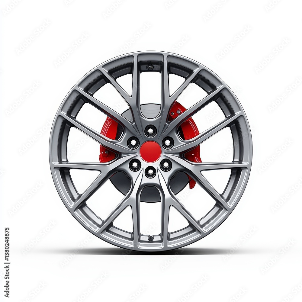 Obraz premium Grey Alloy Wheel with Red Brake Caliper on White Background