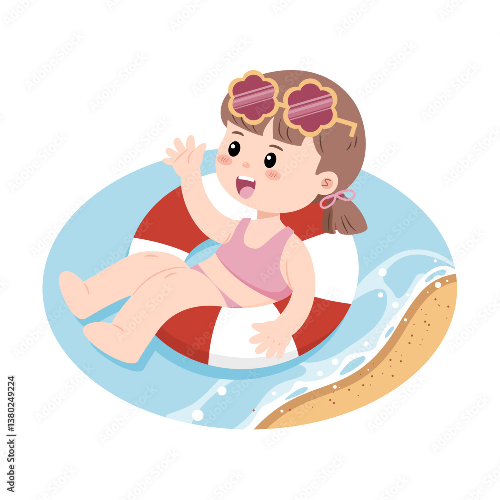 A vector illustration of a cute child wearing a swimsuit and sunglasses, relaxing on a beach float, enjoying the summer vibes by the seaside. A vector illustration of a cute child wearing a swimsuit and sunglasses, relaxing on a beach float, enjoying the summer vibes by the seaside.