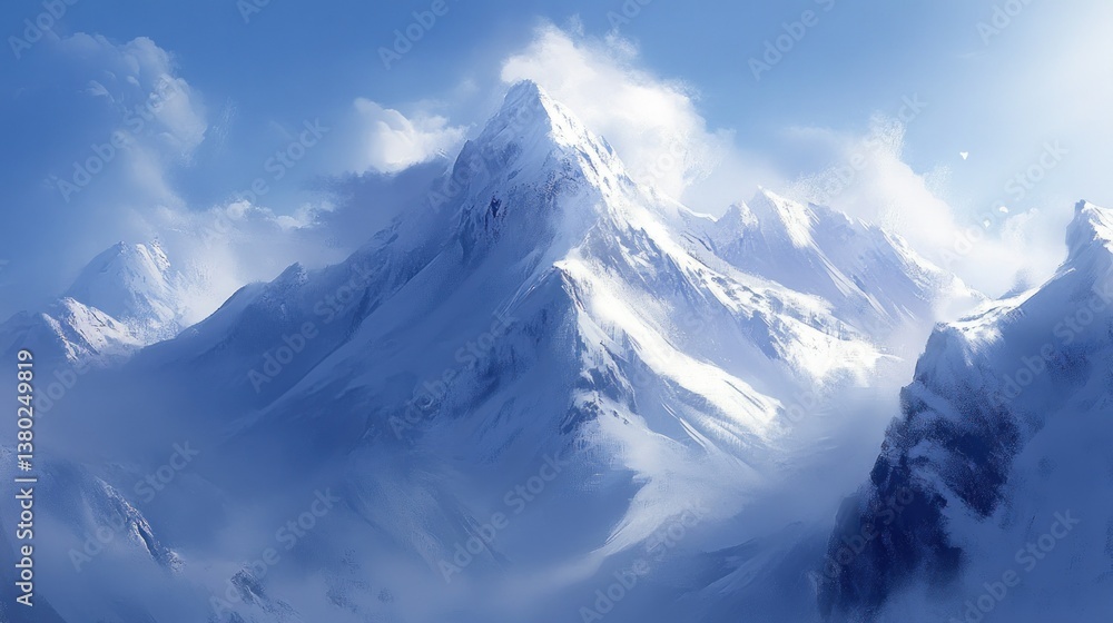 Majestic snow covered mountain range rises against a bright blue sky Majestic snow covered mountain range rises against a bright blue sky