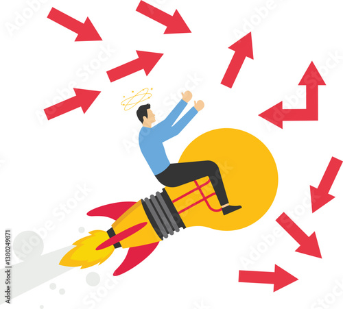A man sits on a confused direction cube and the idea light goes off above his head, illustration for lack of ideas.

