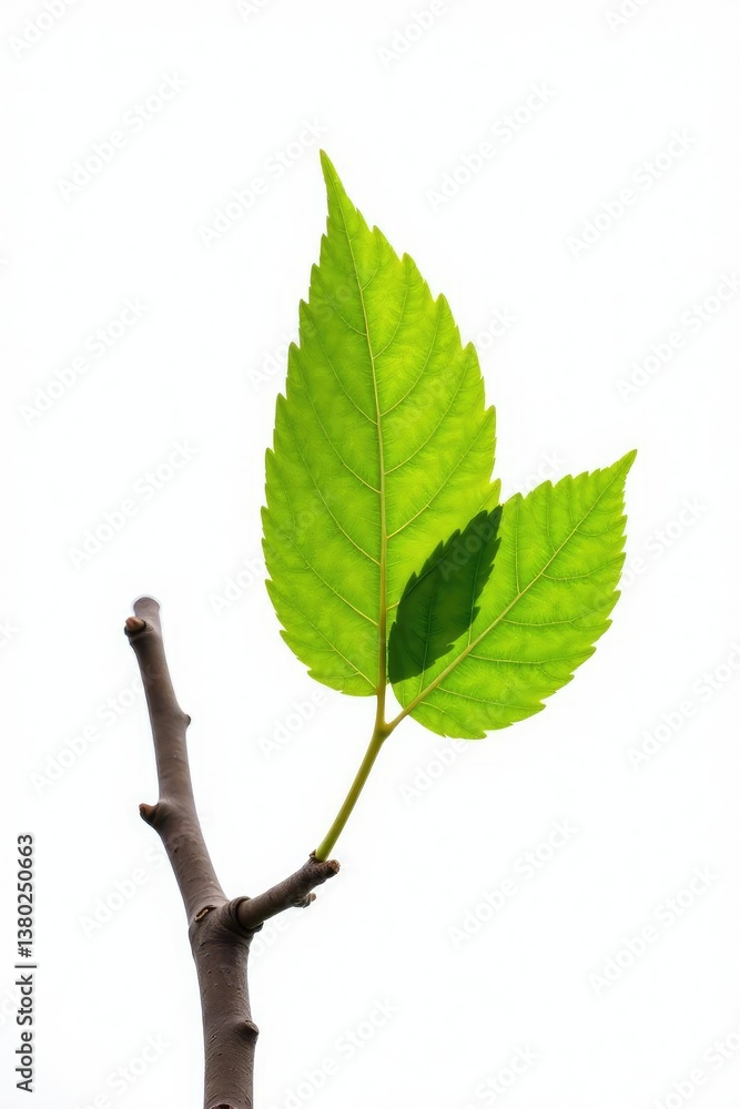 Fototapeta premium Single Leaf on Isolated Branch on White Background with Twigs, wood, landscape, twigs