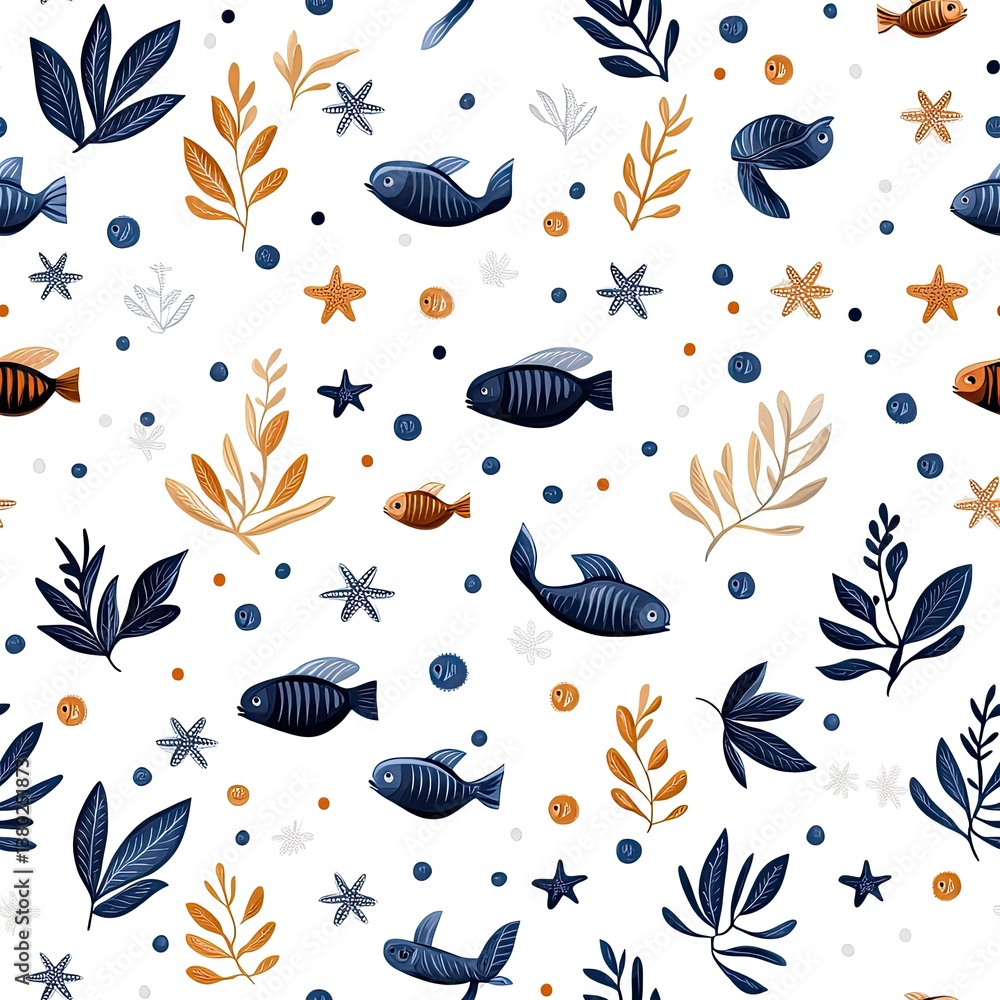 Obraz premium Blue fish swim among sea plants in a seamless pattern, perfect for children's illustrations, showcasing a flat and minimalistic design