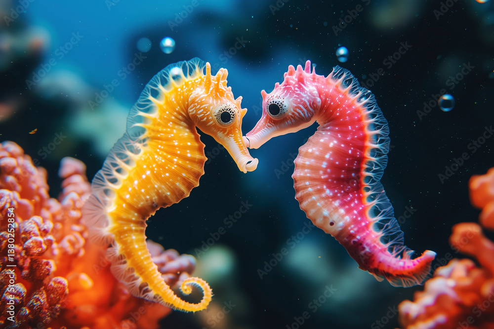 Obraz premium A pair of seahorses gracefully entwined in an underwater ballet, showcasing the vibrant colors and biodiversity of marine life. - International Kissing Day