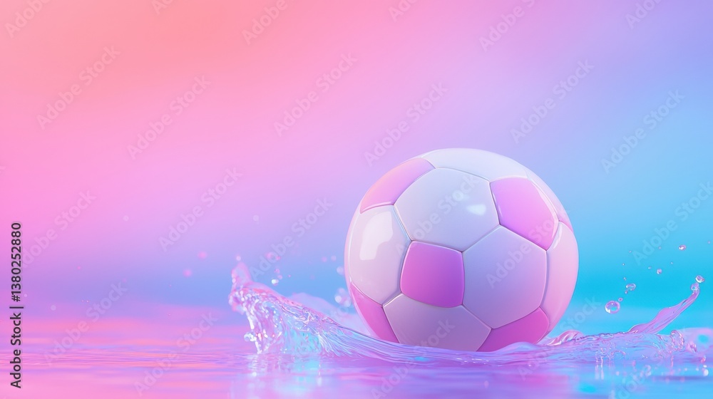 Fototapeta premium A vibrant soccer ball splashes in water against a colorful pastel background, creating a playful and energetic scene.