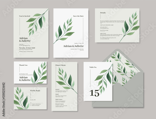 Minimalist wedding suite with greenery leaf illustrations. A simple and minimalist wedding stationery template.