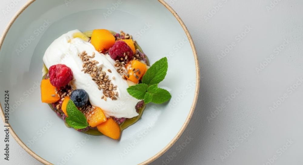 Fresh fruit and yogurt bowl with flax seeds and mint garnish Fresh fruit and yogurt bowl with flax seeds and mint garnish