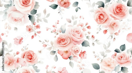 A beautiful floral pattern featuring soft pink roses and delicate greenery on a light background.