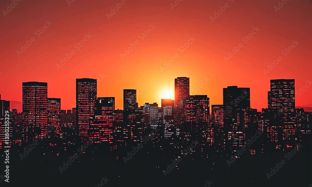 Sunset over a vibrant city skyline with silhouetted buildings against a fiery orange sky Sunset over a vibrant city skyline with silhouetted buildings against a fiery orange sky