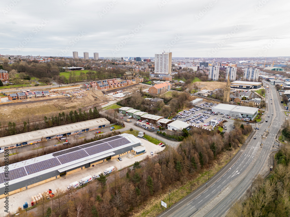 Newcastle upon Tyne: 27th Feb 2025: Aerial view from Newcastle Business Park of Cruddas Park and Elswick