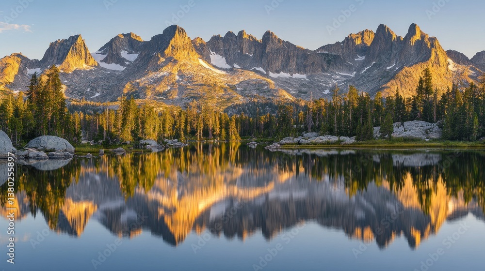 Obraz premium Majestic Mountains Reflecting Upon a Calm Lake at Golden Hour