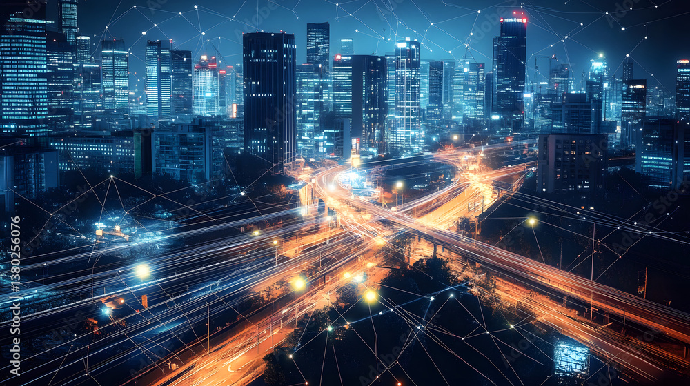 ai generated illustration Night city landscape with connection wires. ai generated illustration Night city landscape with connection wires.