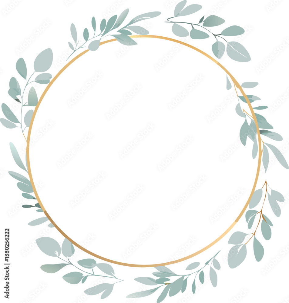 Obraz premium Elegant Gold Circle Floral Frame, Greenery Wreath, Botanical Design