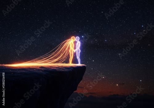 Celestial Embrace: A Couple's Luminous Kiss Under the Starry Night Sky - International Kissing Day