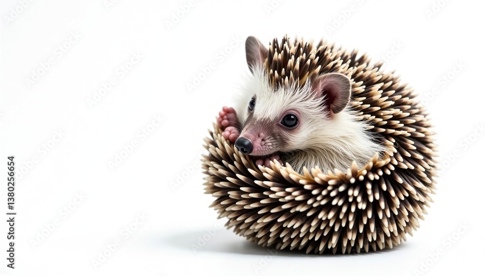 Obraz premium Tiny hedgehog curled into a ball on pure white background, clipart, image