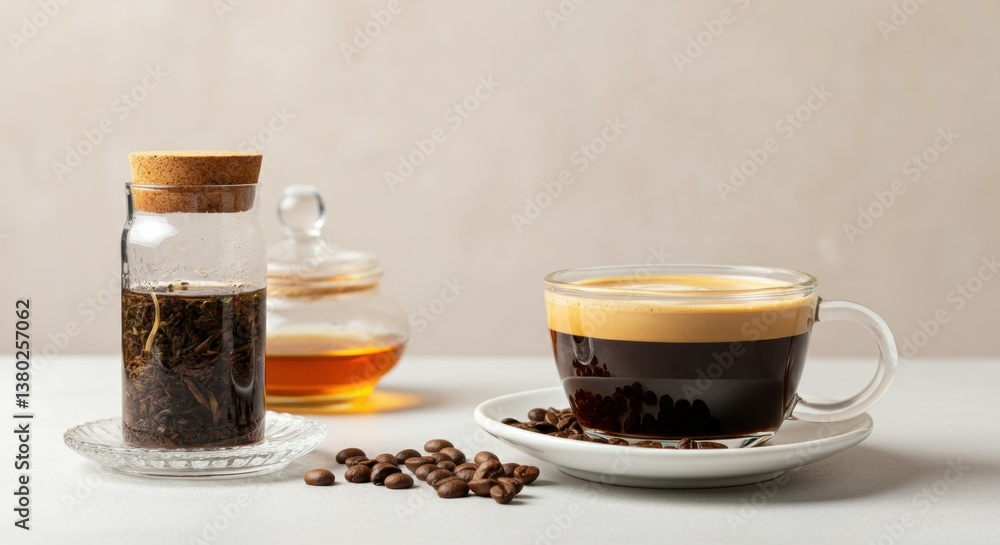 Assorted coffee setup with brewed tea, honey, and whole coffee beans on table Assorted coffee setup with brewed tea, honey, and whole coffee beans on table