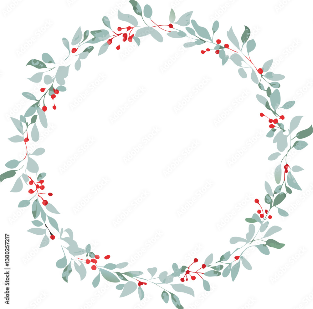 Fototapeta premium Elegant Watercolor Wreath Greenery, Berries, Circular Frame, Botanical, Holiday, Winter, Festive, De