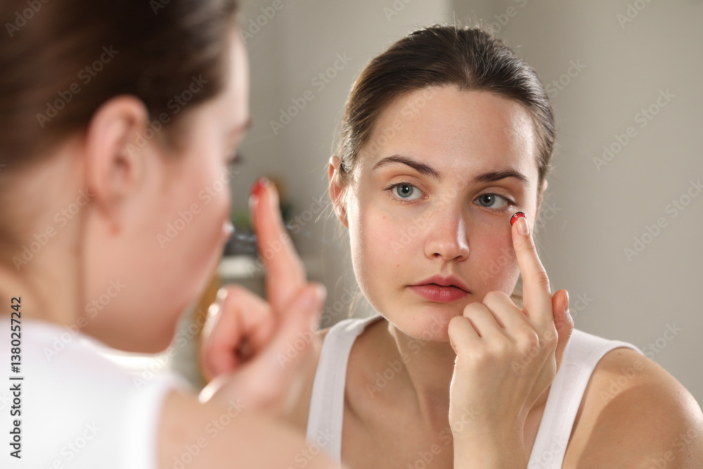 Young woman putting in red color contact lens near mirror indoors Young woman putting in red color contact lens near mirror indoors