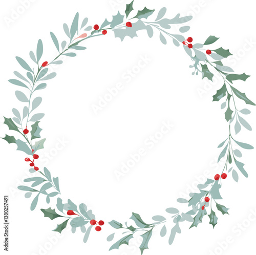 Elegant Christmas Holly Wreath Design, Festive Winter Berries, Greenery Circle
