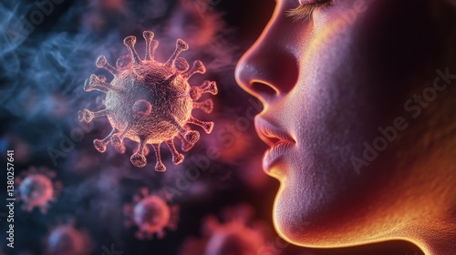 A digitally rendered close-up of a virus interacts with a human profile, symbolizing the battle between human health and infectious diseases in a visually striking manner.
