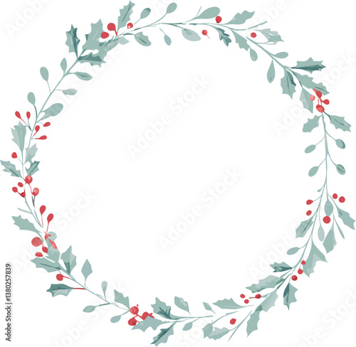 Elegant Watercolor Holly Wreath Festive Winter Berries, Circular Frame