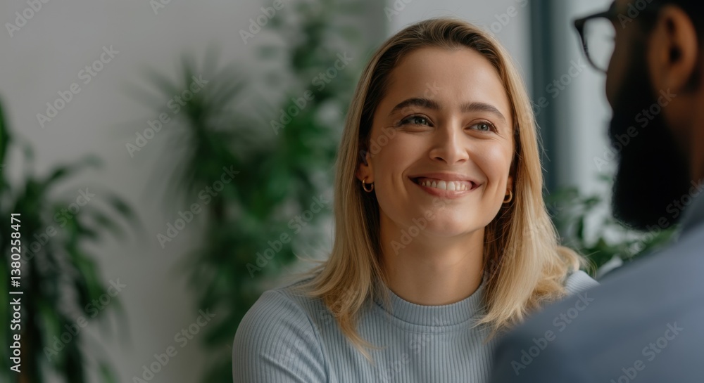 Smiling caucasian young woman conversing indoors with male in bright environment Smiling caucasian young woman conversing indoors with male in bright environment