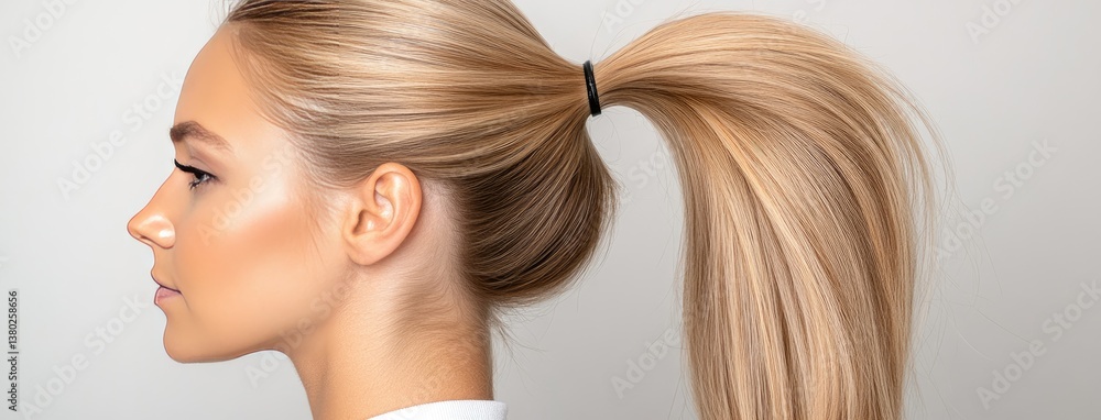 Fototapeta premium Beautiful blonde woman poses gracefully in side view, showcasing her long ponytail and elegance in a softly lit studio setting