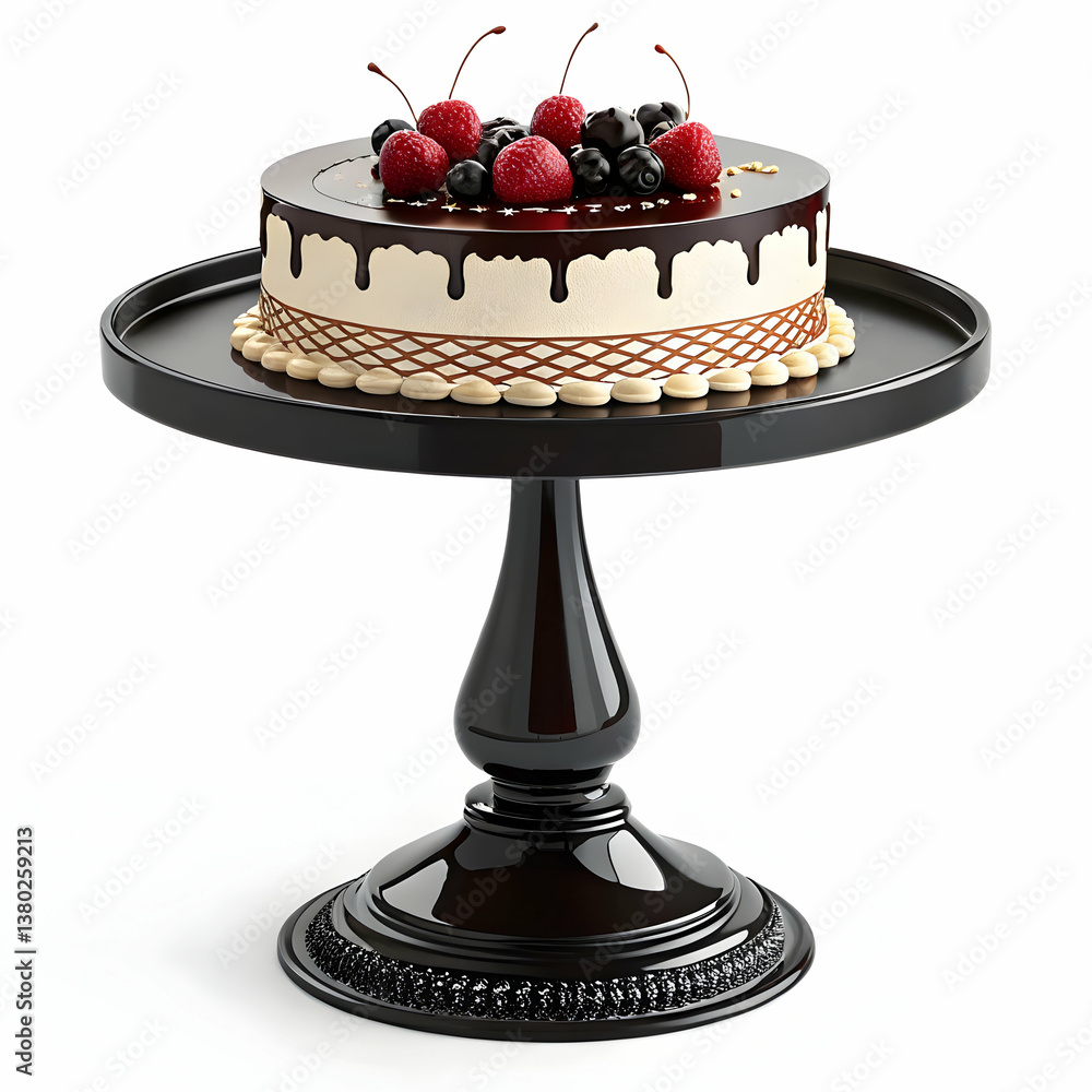 Birthday cake decorated with berries and melted chocolate on a stand Birthday cake decorated with berries and melted chocolate on a stand