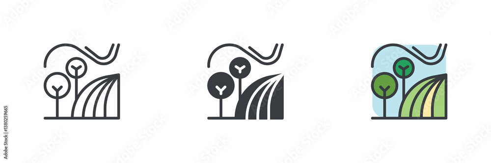 Fototapeta premium Agricultural landscape with trees and field different style icon set