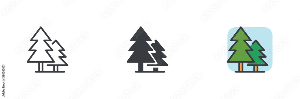 Fototapeta premium Evergreen trees or spruce trees different style icon set.