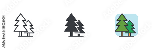 Evergreen trees or spruce trees different style icon set.