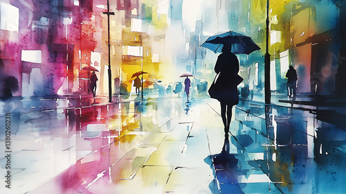 A woman is walking down a street with an umbrella