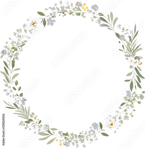 Elegant Floral Wreath Frame Delicate Spring Flowers, Botanical Design