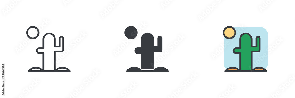 Obraz premium Cactus in a desert landscape with a cloud and a sun different style icon set