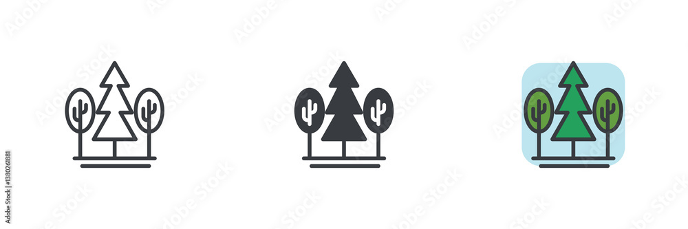 Landscape with a combination of evergreen and deciduous trees different style icon set Landscape with a combination of evergreen and deciduous trees different style icon set