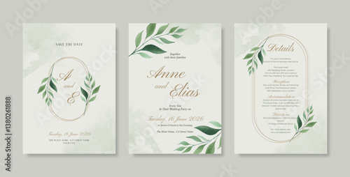 Minimalist wedding invitation with greenery leaf illustrations