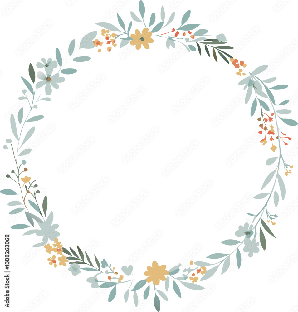 Elegant Floral Wreath Design Pastel Flowers, Leaves, Circle Frame Elegant Floral Wreath Design Pastel Flowers, Leaves, Circle Frame