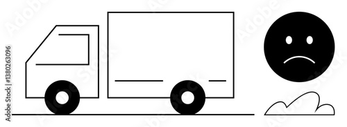 Truck moving near sad face and ground curve conveying delayed shipments, logistics failure. Ideal for delivery, transportation error, stress, dissatisfaction, setback, efficiency, flat simple