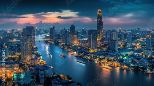 Aerial view of a large cityscape at dusk with many lights
