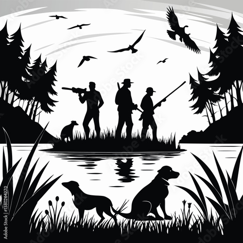 Black silhouette of a hunter with a dog in the forest. Duck hunting. Landscape of wild nature. Vector illustration