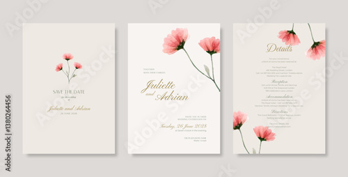 Minimalist and simple wedding card template with a beautiful watercolor floral illustration.