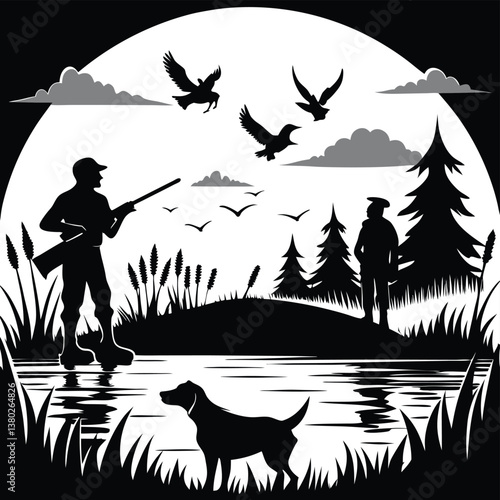 Black silhouette of a hunter with a dog in the forest. Duck hunting. Landscape of wild nature. Vector illustration