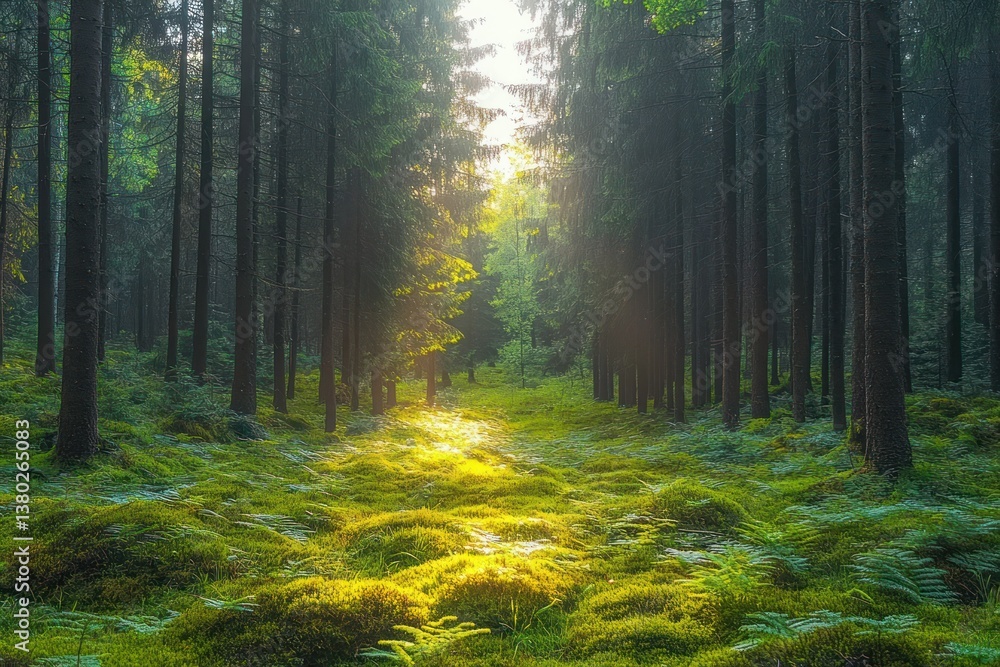 Tranquil green coniferous forest landscape with sunlight and vibrant moss in Novohradske Hory Czech Republic Tranquil green coniferous forest landscape with sunlight and vibrant moss in Novohradske Hory Czech Republic