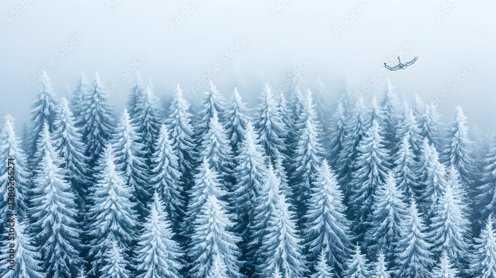 Obraz premium Snow-covered forest aerial view, paraglider
