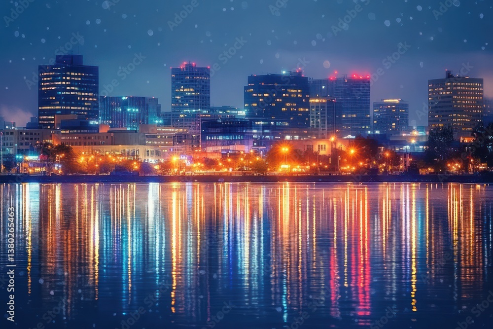 Fototapeta premium Vibrant Nighttime Cityscape of Evansville Indiana Skyline Reflected on Ohio River