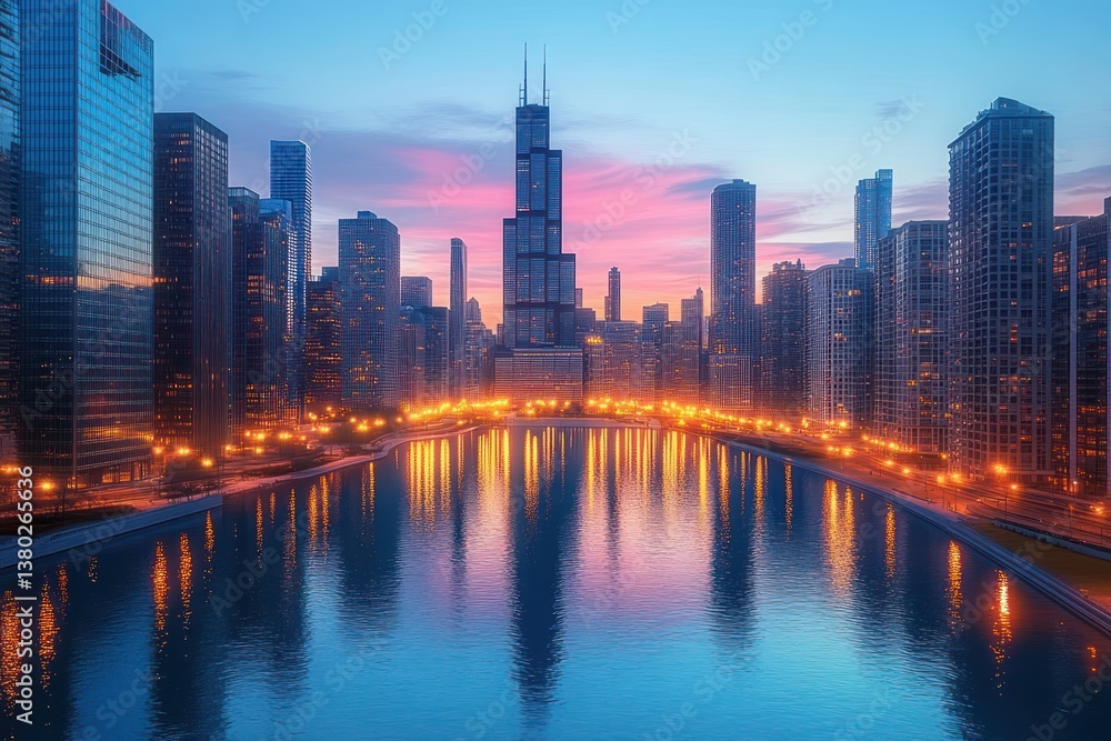 Naklejka premium Chicago Skyline Cityscape at Blue Hour Over the River
