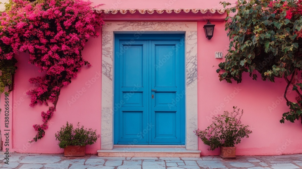 Radiating charm, this pastel pink building features a striking light blue door surrounded by lush bougainvillea Radiating charm, this pastel pink building features a striking light blue door surrounded by lush bougainvillea