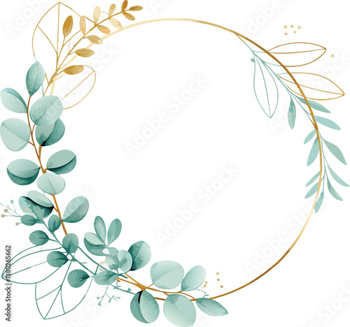 Elegant Golden Circle Frame with Watercolor Eucalyptus Leaves