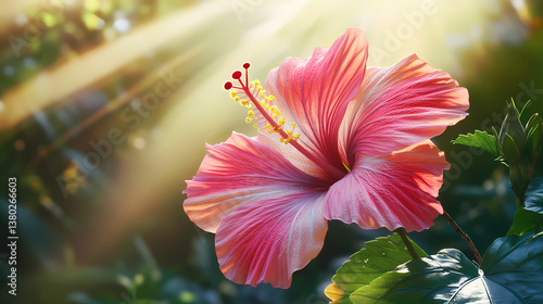 Close up of hibiscus flower blooming in tropical setting with sunlight