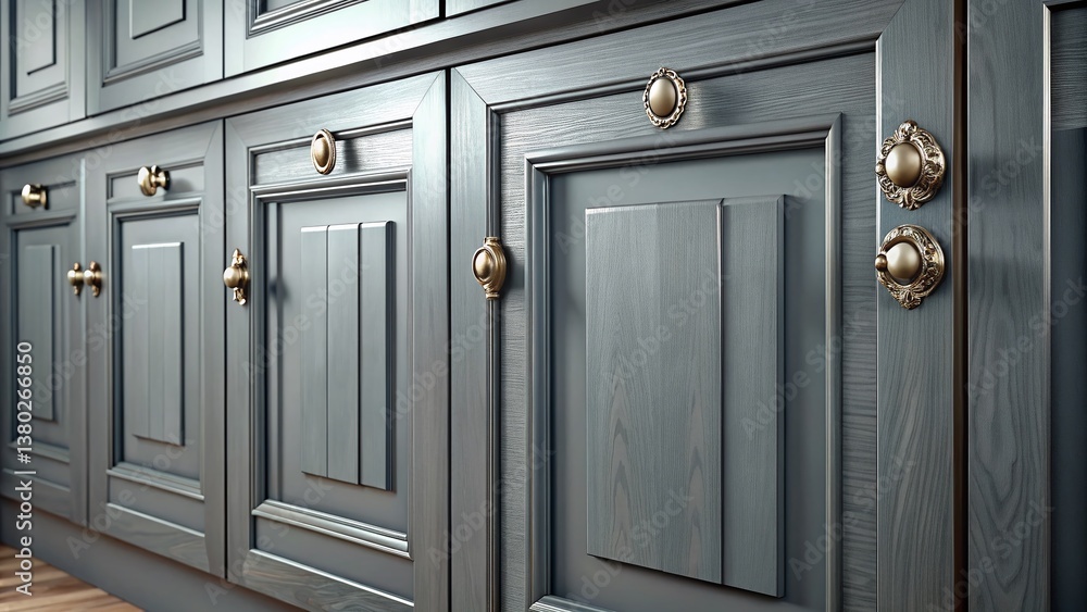 Fototapeta premium Elegant Gray Kitchen Cabinets with Vintage Design & Modern Stainless Steel Handles