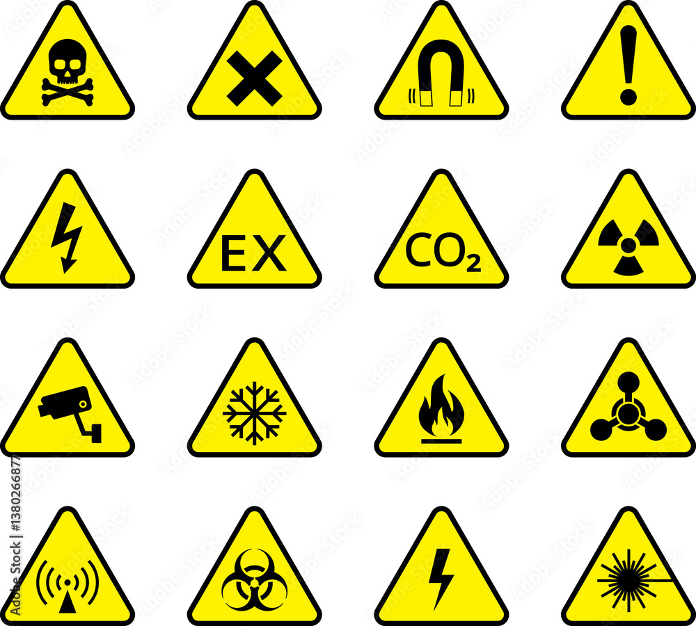 Yellow caution warning biohazard, radioactive, nuclear and toxic sign icons set. Biohazard, chemical hazard warning triangular symbol stickers for web, print game, ui. Caution danger sign. Yellow caution warning biohazard, radioactive, nuclear and toxic sign icons set. Biohazard, chemical hazard warning triangular symbol stickers for web, print game, ui. Caution danger sign.